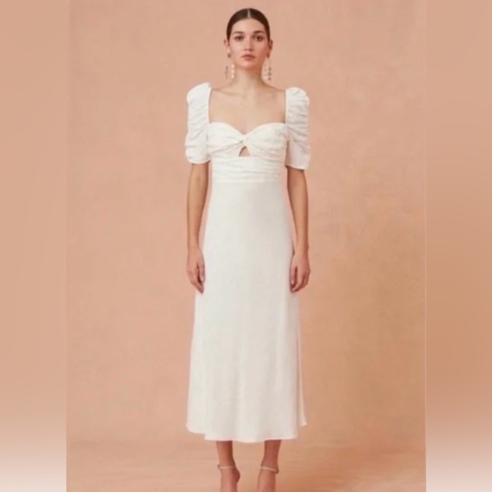 KEEPSAKE the Label White Wistful Midi Dress with Puff Sleeves